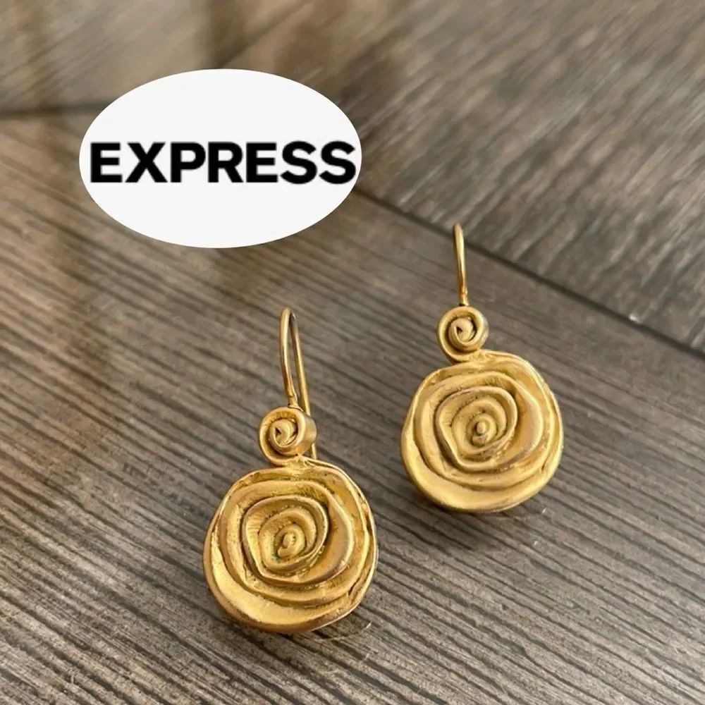 Vintage 1990’s Express Matte Gold-tone Wire Hook Rose Earrings
